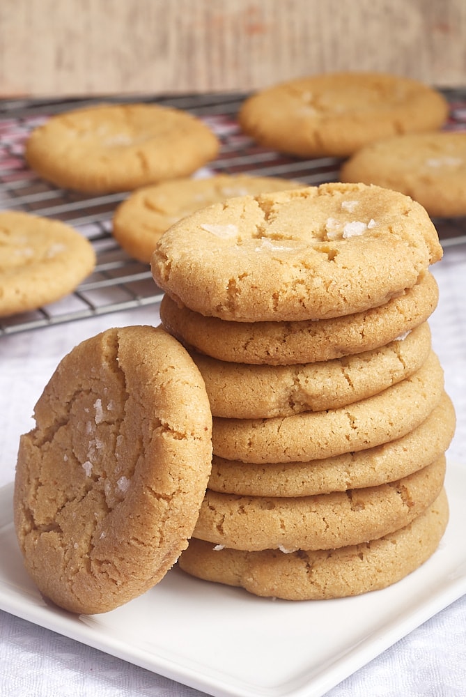 stack of Browned Butter Salty Sugar Cookies on a white plate