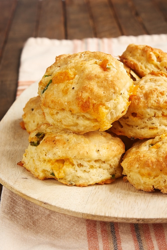 Jalapeño Cheddar Biscuits on a wooden plate