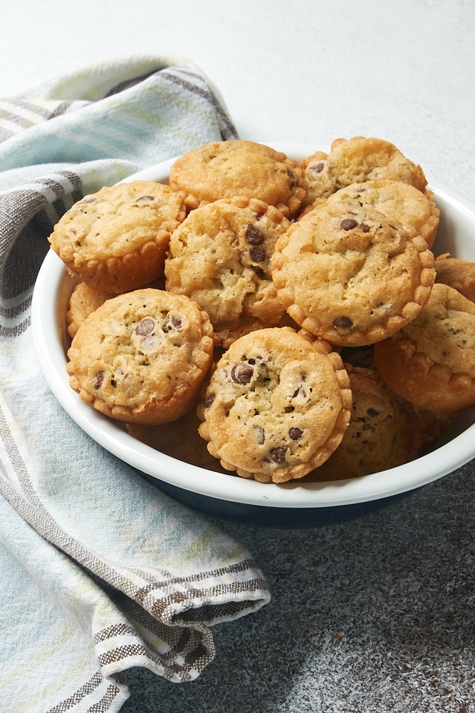 Mini Chocolate Chip Pies in a white-rimmed blue bowl