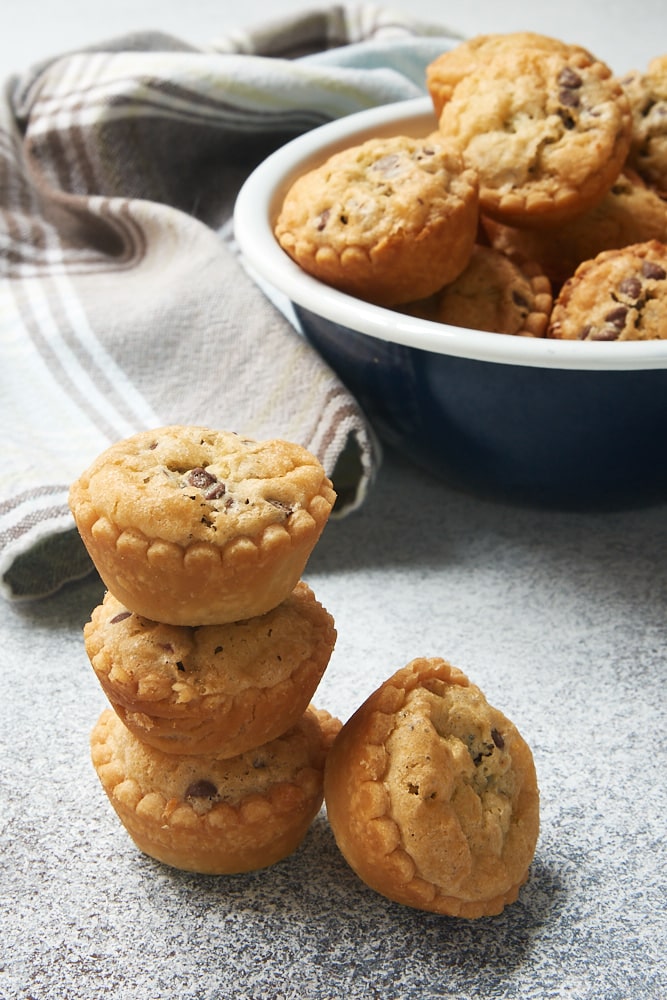 stack of Mini Chocolate Chip Pies on a gray surface