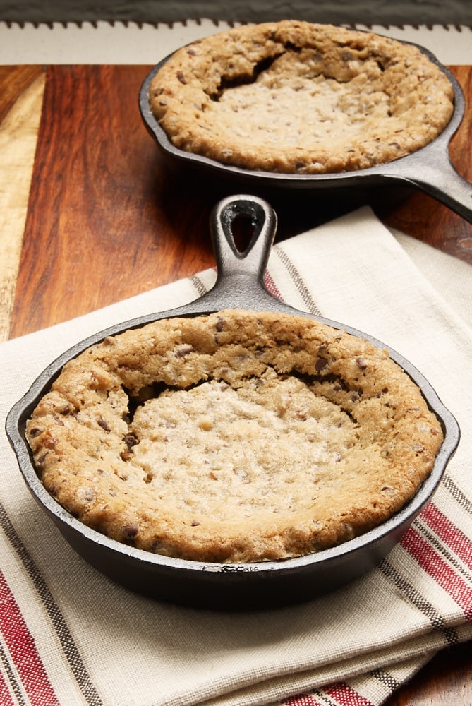 Mini Skillet Chocolate Chip Cookies in mini cast iron skillets