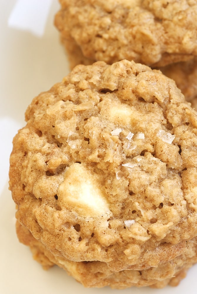 overhead view of Salted Vanilla Chip Oatmeal Cookies on a white plate