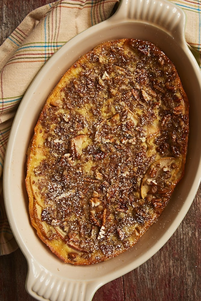 overhead view of Apple Bourbon Clafoutis in a stoneware baker