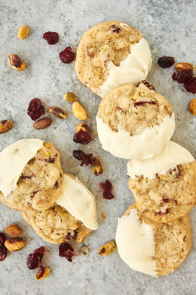 overhead view of Cranberry Pistachio Cookies on a gray surface