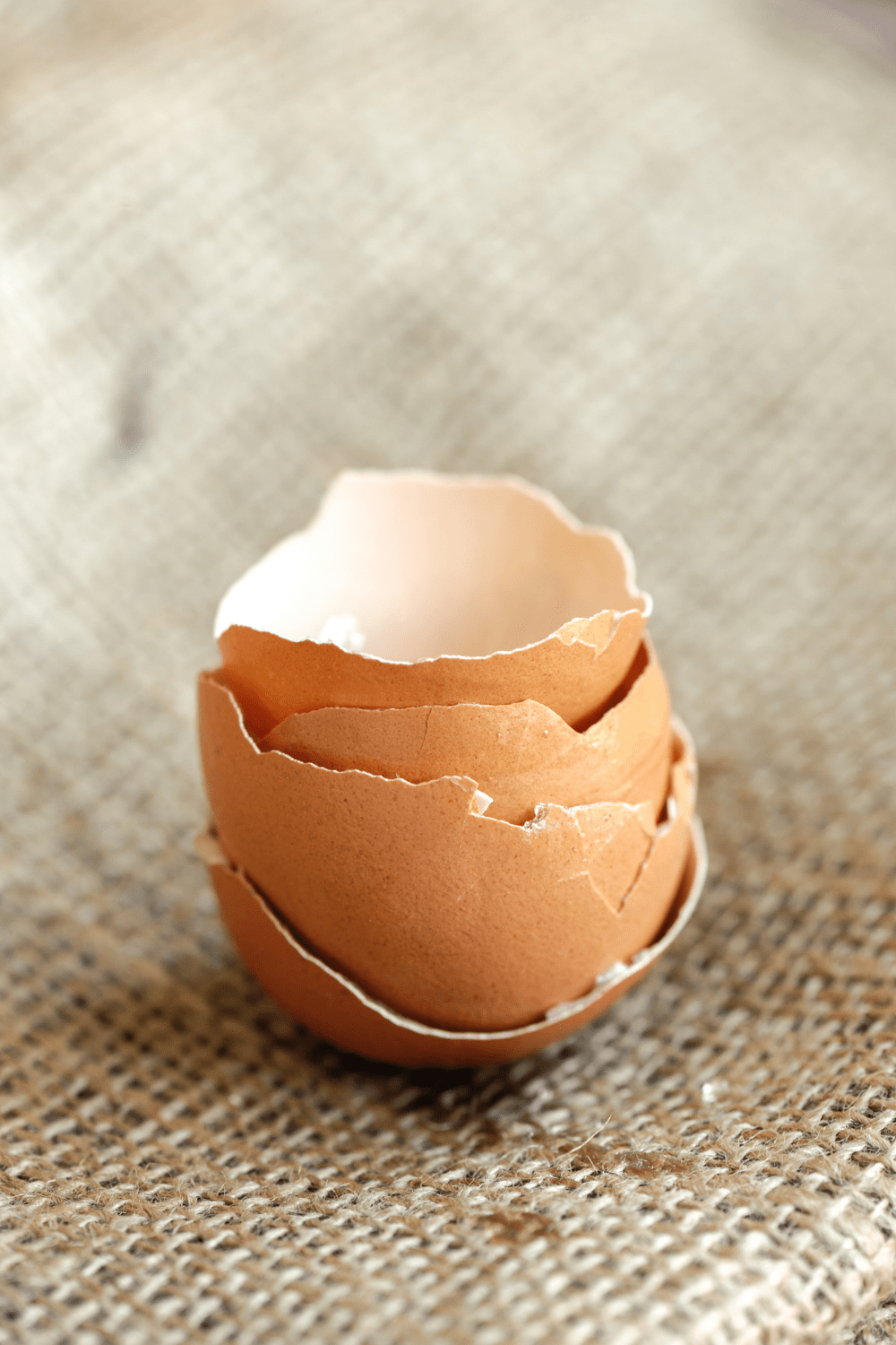 stack of broken egg shells on a beige fabric