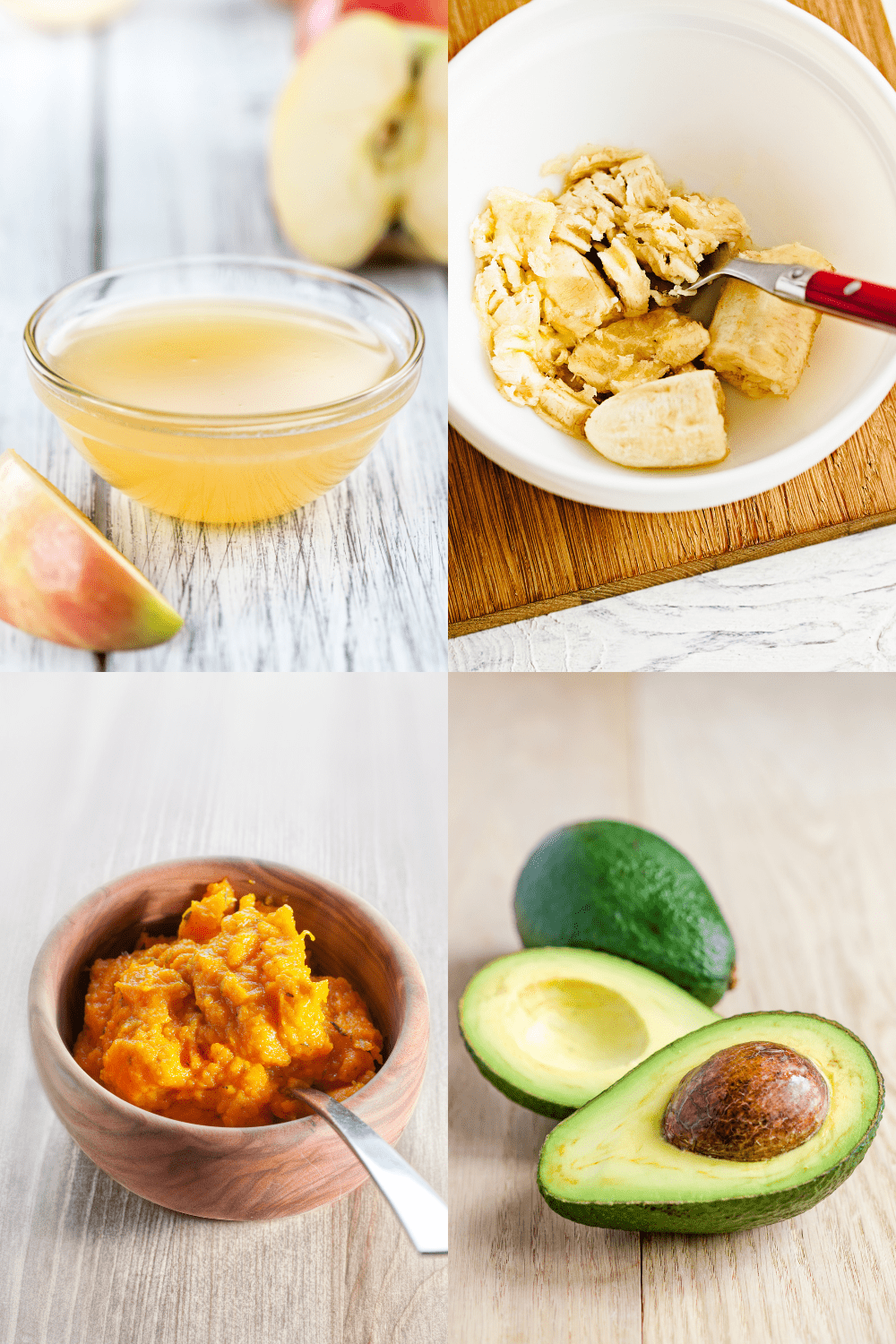 collage of applesauce, mashed bananas, avocados, and pureed pumpkin on wooden surfaces