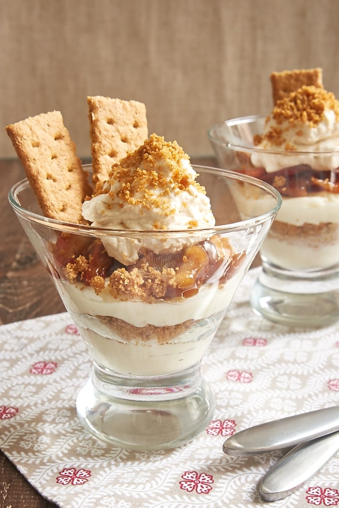 No-Bake Apple Cheesecakes served in individual tapered glasses