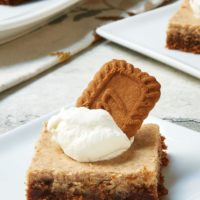 Spiced Cheesecake Bars topped with whipped cream and spiced cookies served o