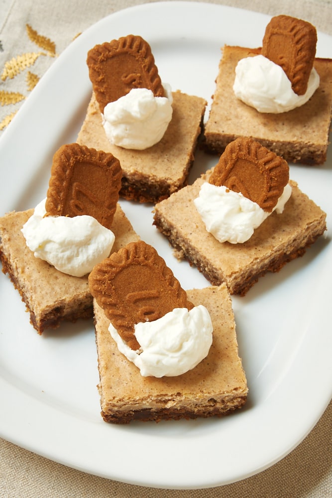 Spiced Cheesecake Bars on a white tray