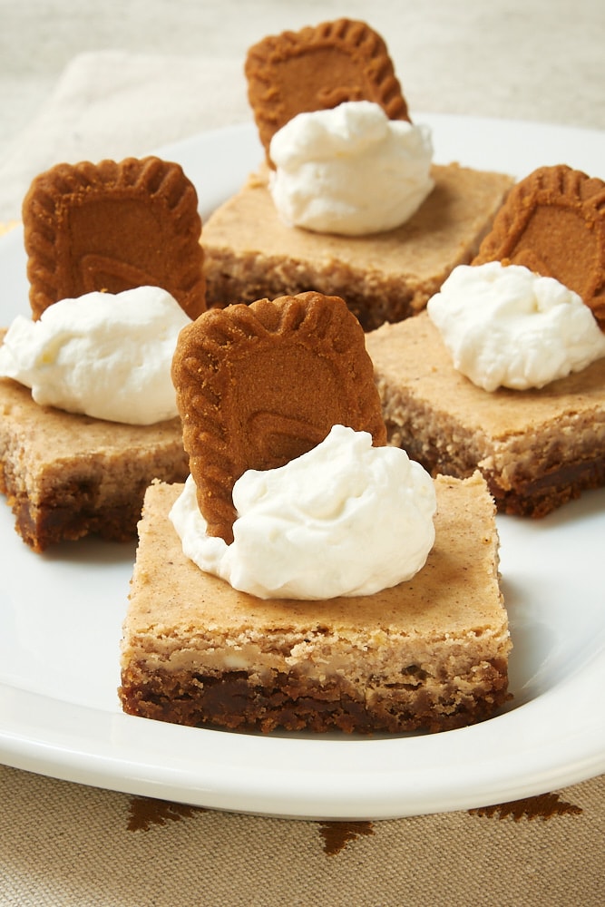 Spiced Cheesecake Bars topped with whipped cream and spiced cookies, and served on a white tray