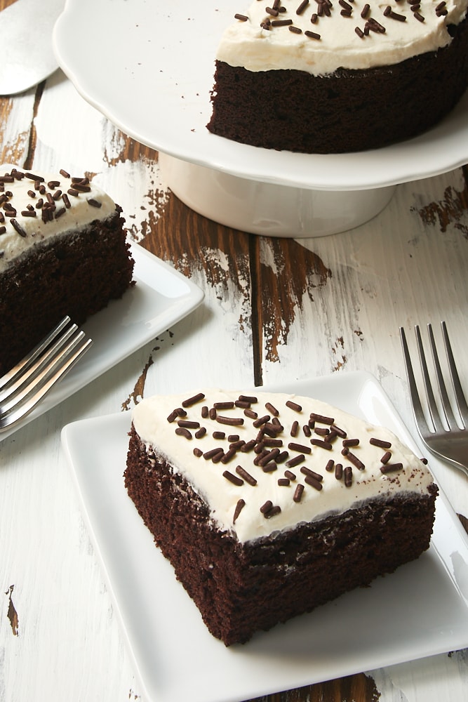 Slice of 6-inch chocolate cake on white square plate