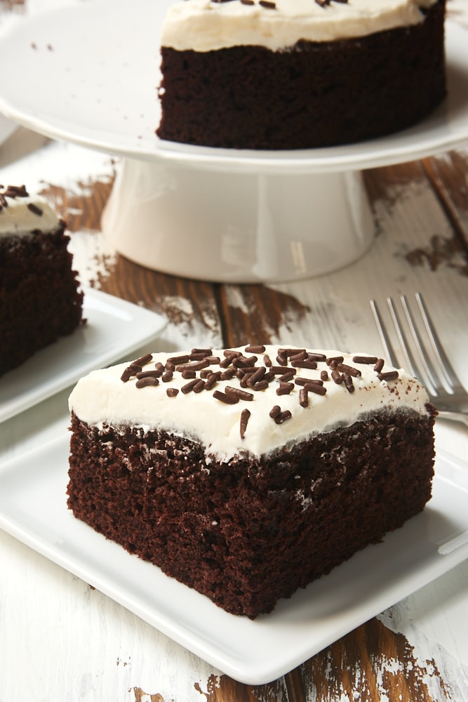 slice of 6-Inch Chocolate Cake with Marshmallow Frosting on a square white plate