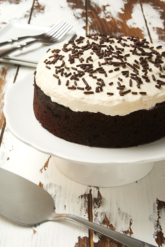 6-Inch Chocolate Cake with Marshmallow Frosting on a white cake stand