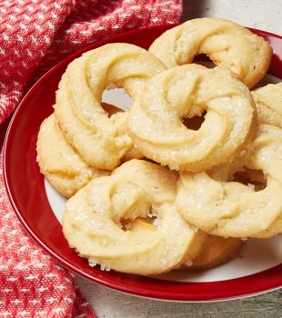 Danish Butter Cookies on a red-rimmed white plate
