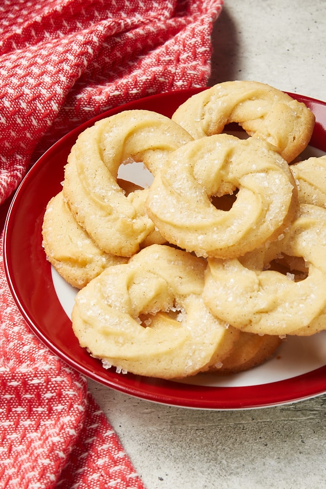 Danish Butter Cookies on a red-rimmed white plate