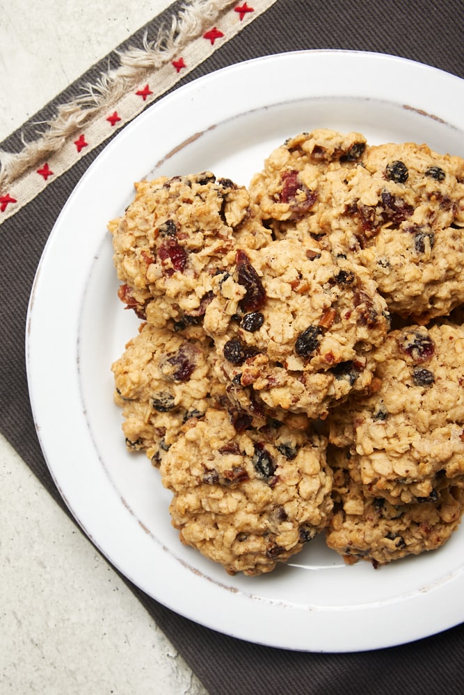 overhead view of Winter Fruit Oatmeal Cookies on a white plate