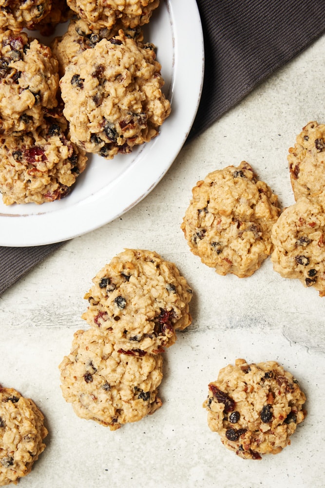 overhead view of Winter Fruit Oatmeal Cookies on a gray surface