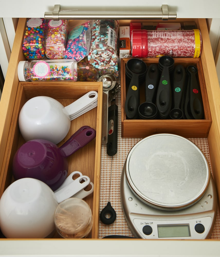 baking tools organized in a kitchen drawer