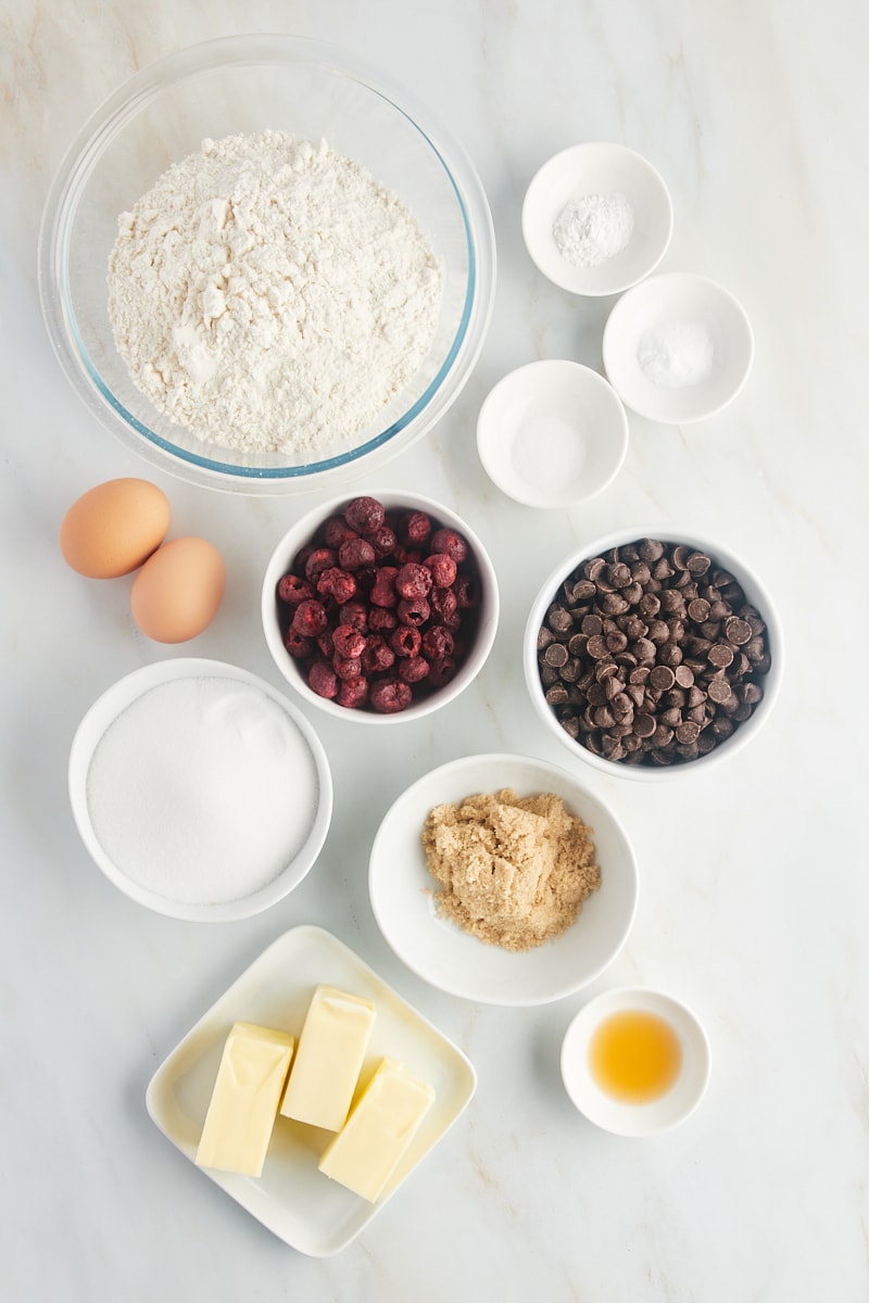 Ingredients for cherry chocolate chip cookies.