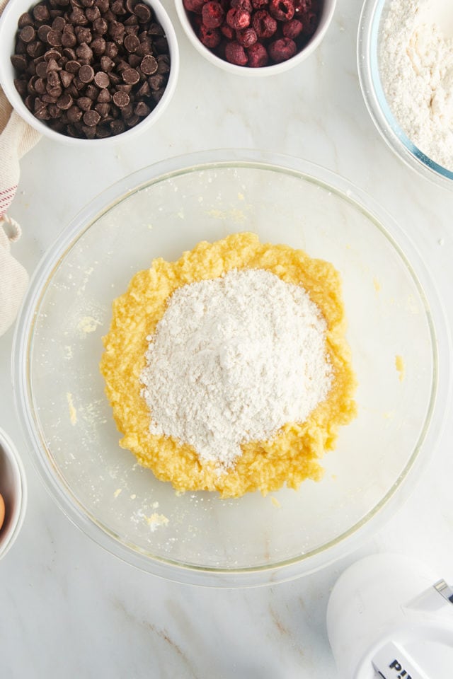 Dry ingredients added to the butter and sugar mixture.