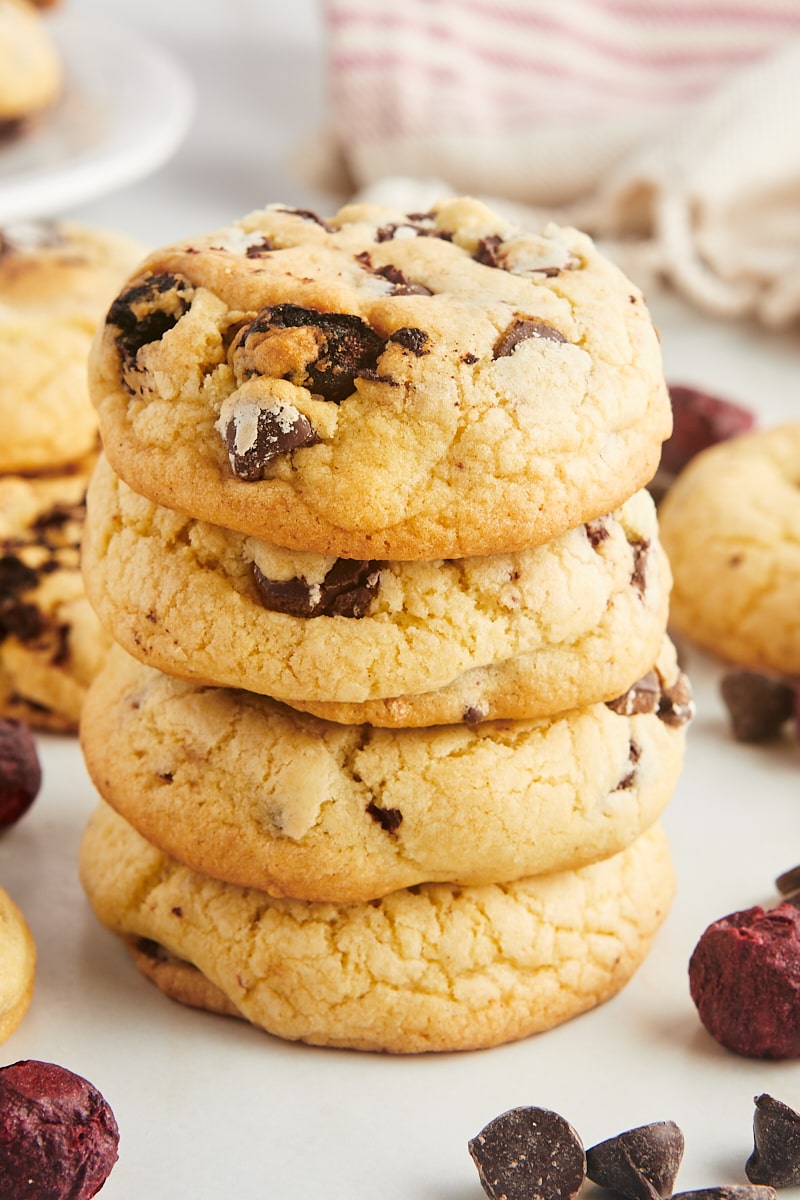Stack of cherry chocolate chip cookies.