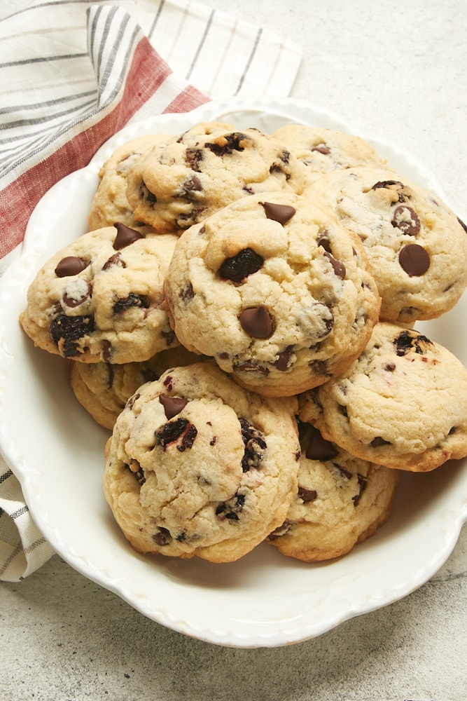 Cherry Chocolate Chip Cookies on an oval white plate