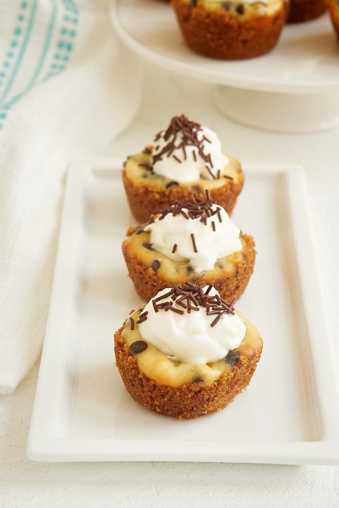 Chocolate Chip Cheesecake Bites on a small white tray