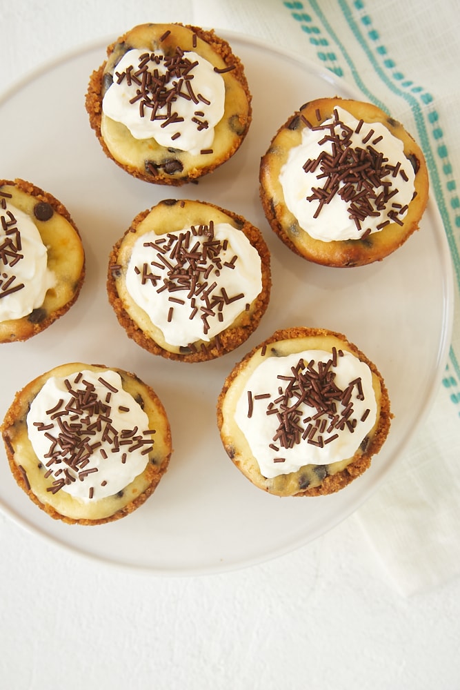 overhead view of Chocolate Chip Cheesecake Bites on a small white cake pedestal