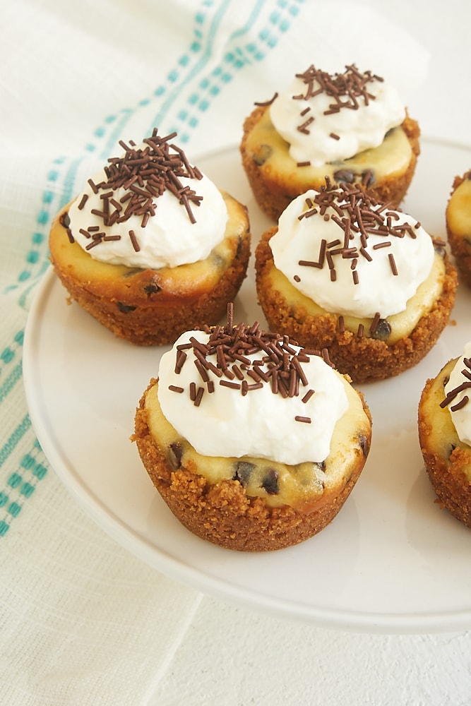 Chocolate Chip Cheesecake Bites on a small white cake pedestal