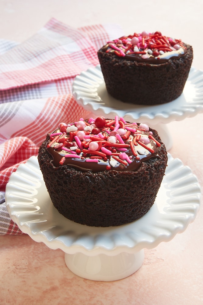 Chocolate Cupcakes for Two served on small white cake stands