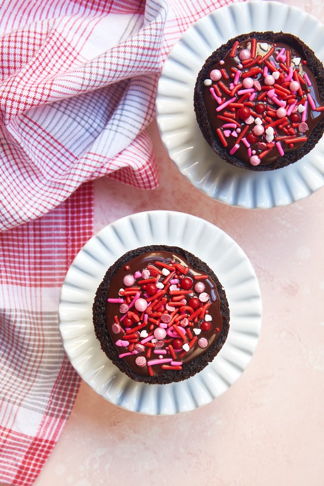 overhead view of Chocolate Cupcakes for Two on small white cake stands