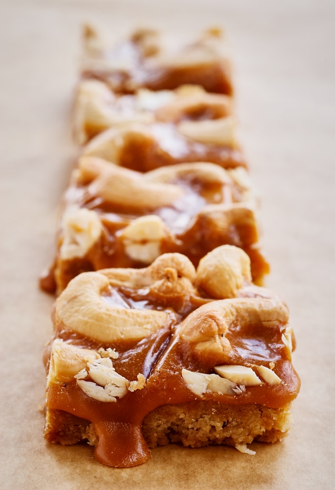 Butterscotch Cashew Bars on parchment paper