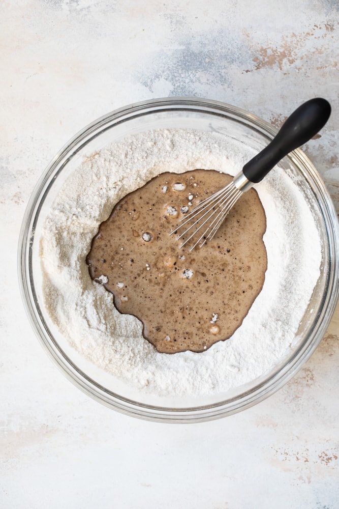 mixing the batter for Old-Fashioned Chocolate Cake