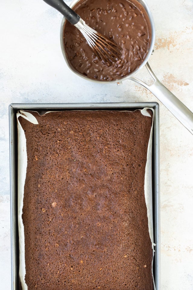 baked Old-Fashioned Chocolate Cake in a 9x13 baking pan ready to be topped with icing