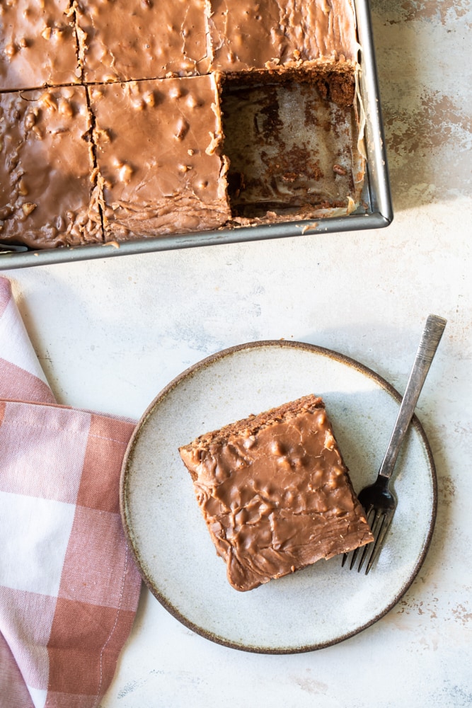 overhead view of Old-Fashioned Chocolate Cake in the pan and a slice on a beige plate