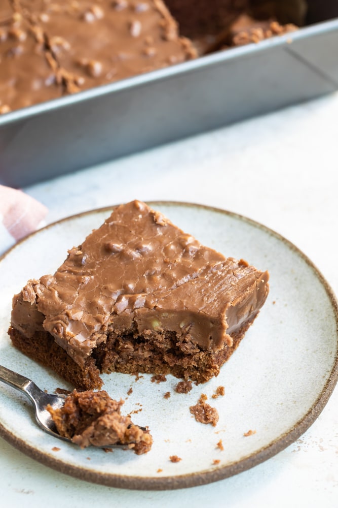 slice of Old-Fashioned Chocolate Cake with a bite missing