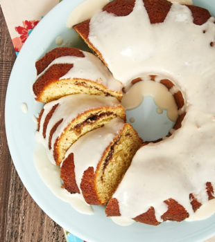 overhead view of Cinnamon Breakfast Cake on a blue plate