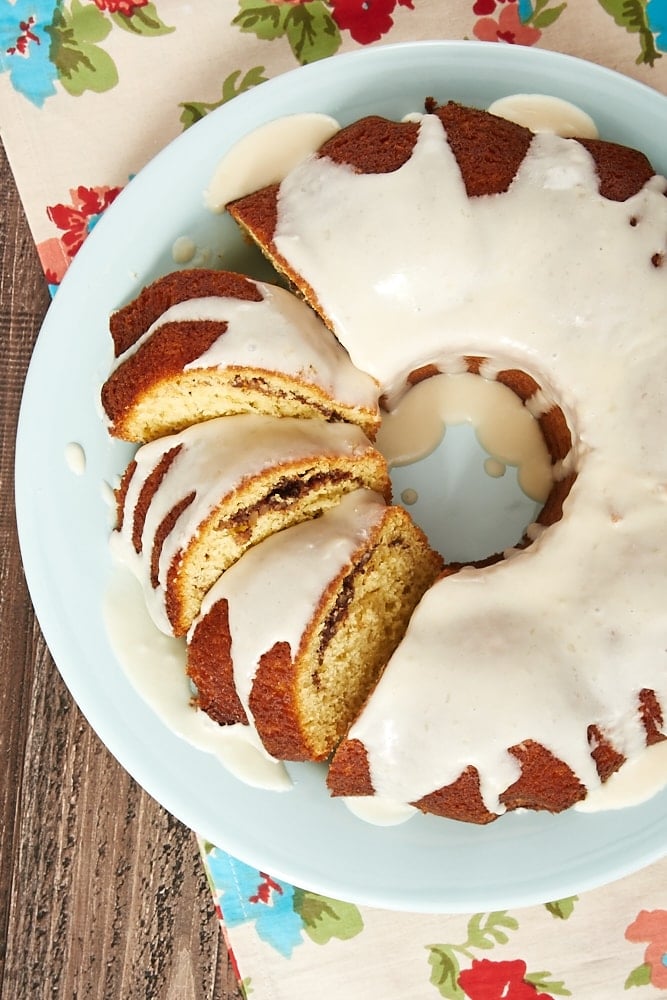 overhead view of Cinnamon Breakfast Cake on a blue plate