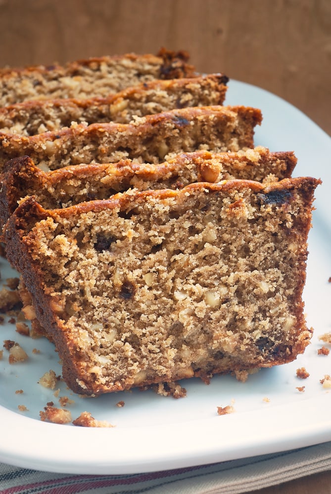 slices of Hazelnut Date Bread on a white plate