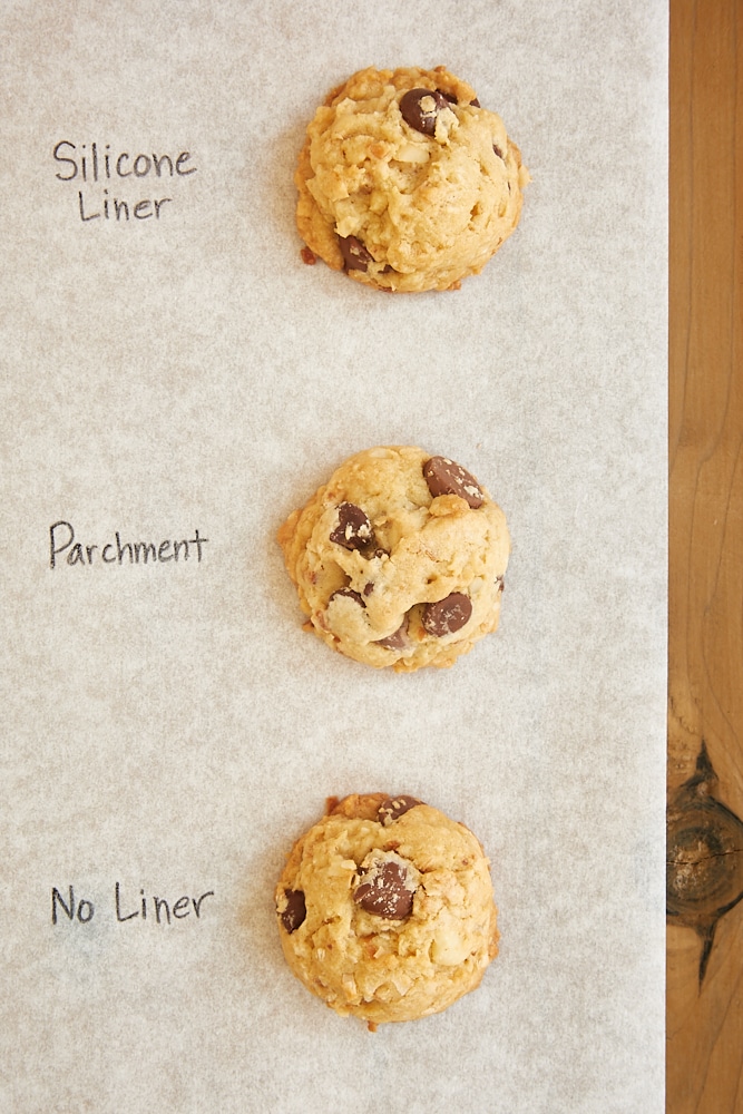 overhead view of cookies baked on lined or unlined baking sheets