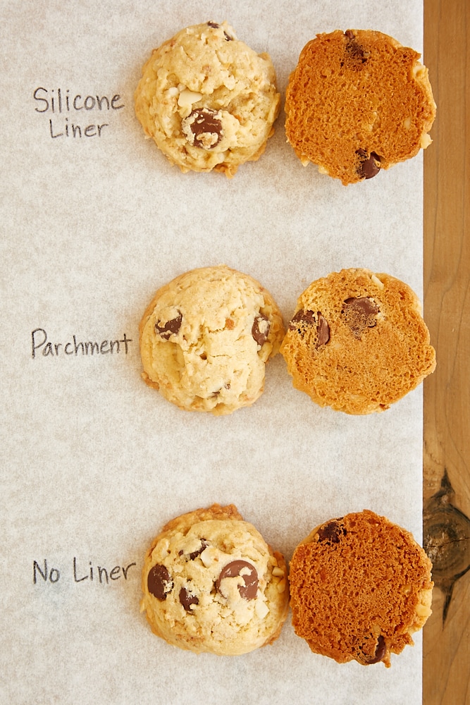 overhead view of cookies baked on lined or unlined baking pans