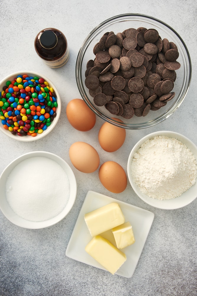 overhead view of ingredients for M&M Brownie Bites
