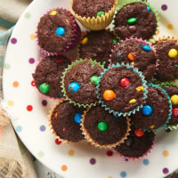 overhead view of M&M Brownie Bites on a multi-colored polka dot plate