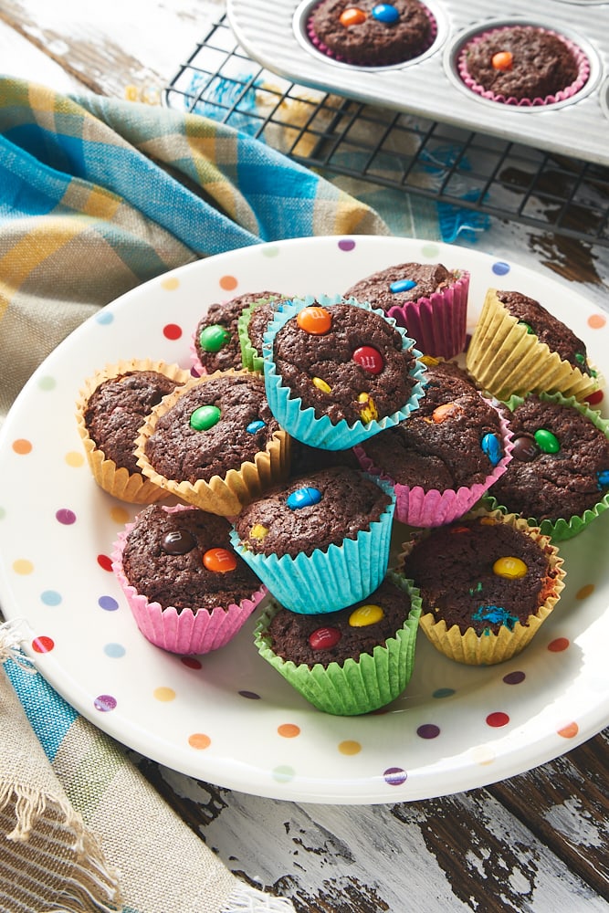 M&M Brownie Bites on a polka-dotted plate