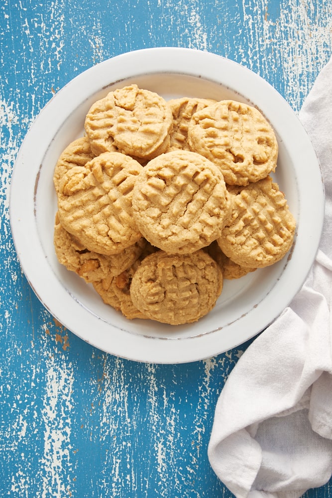 overhead view of Peanut Butter Cookies on a white plate