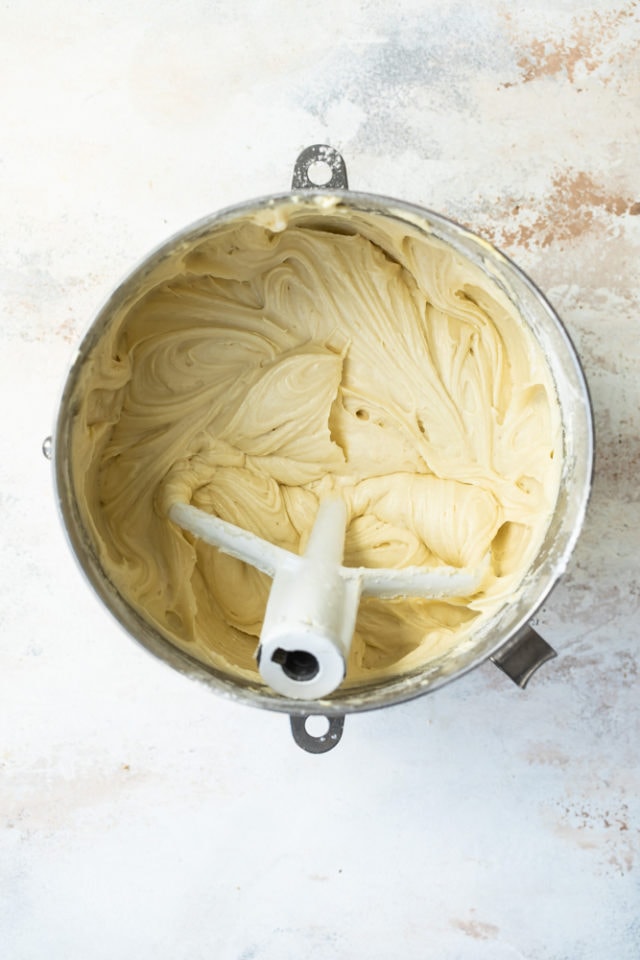 overhead view of cake batter for Butter Pecan Cake