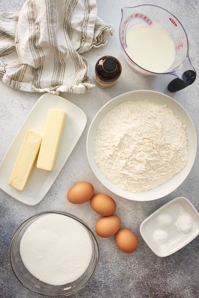 Overhead view of vanilla cake ingredients