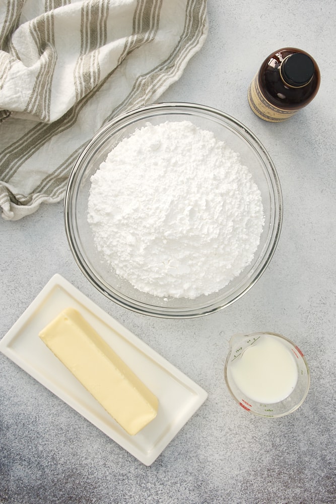 Overhead view of vanilla frosting ingredients