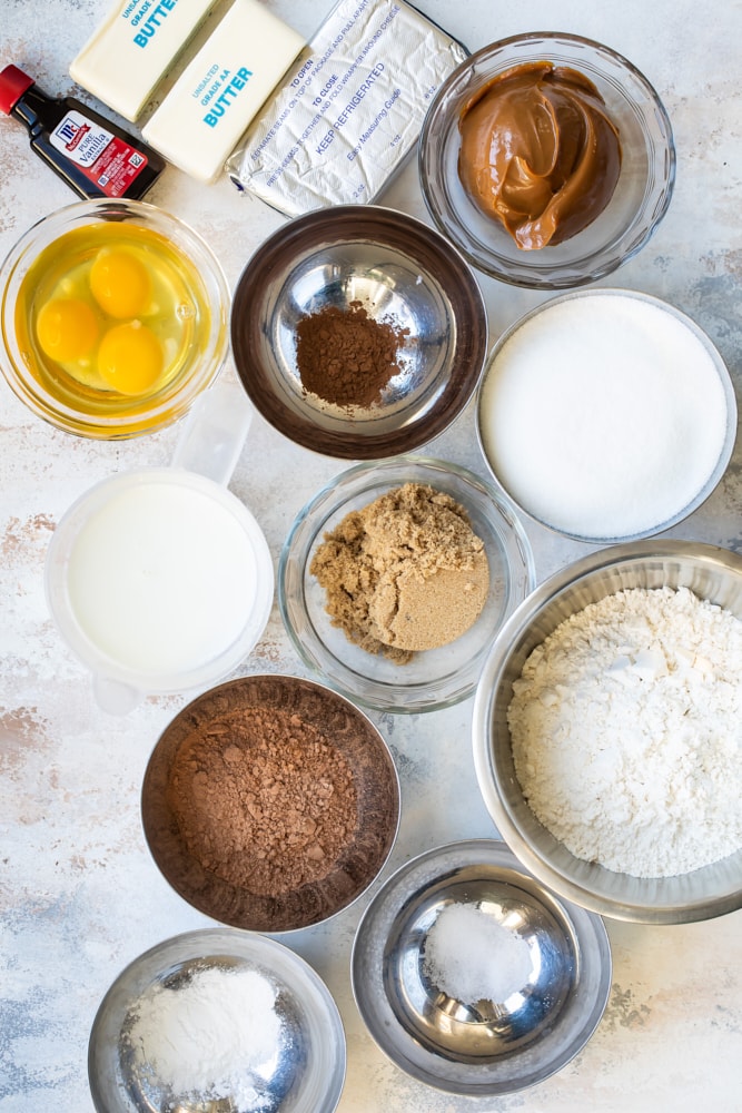 overhead view of ingredients for Mexican Chocolate Cupcakes with Dulce de Leche Frosting