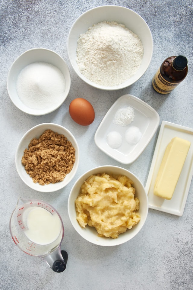 overhead view of ingredients for Banana Cream Cheese Muffins | Bake or Break